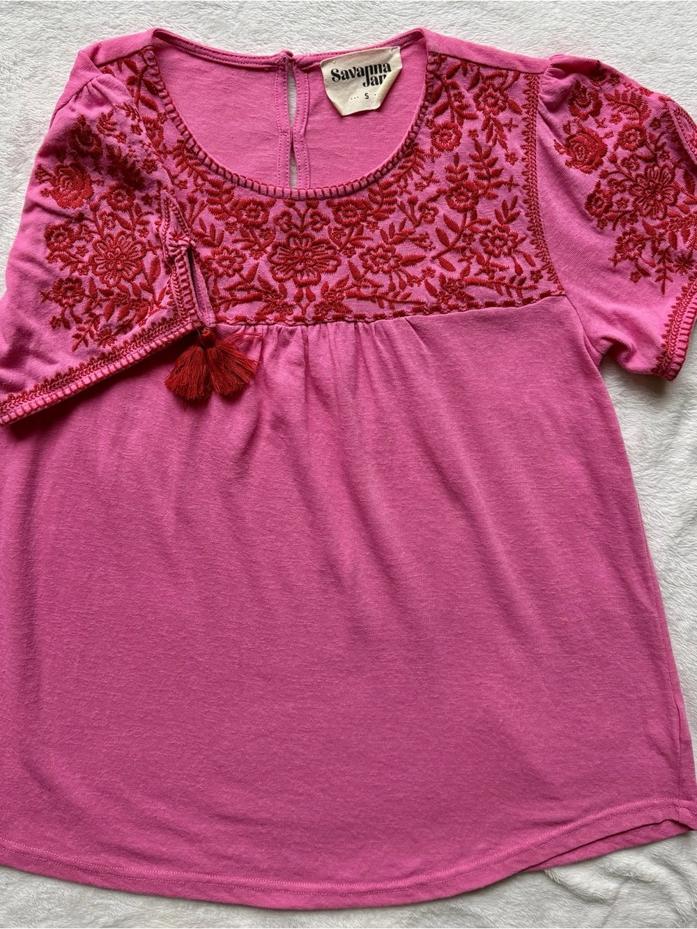 Savanna Jane Pink Knit Top with Contrasting Red Embroidery